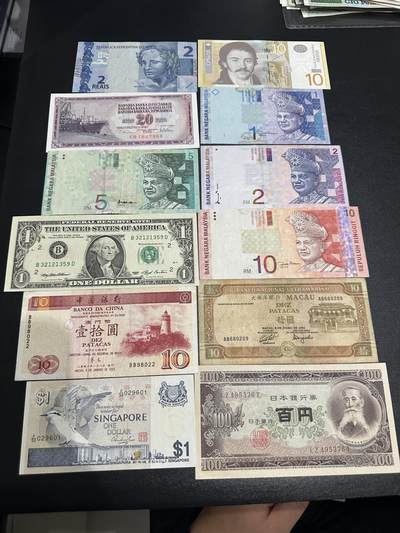 《外钞收藏家》第五百九十八期（2026年新年第一场）（本平台长期征集拍品、欢迎藏友们联系合作） - 巴西、马来西亚、美元、澳门、新加坡、日本等12张一起 非全新 品相如图