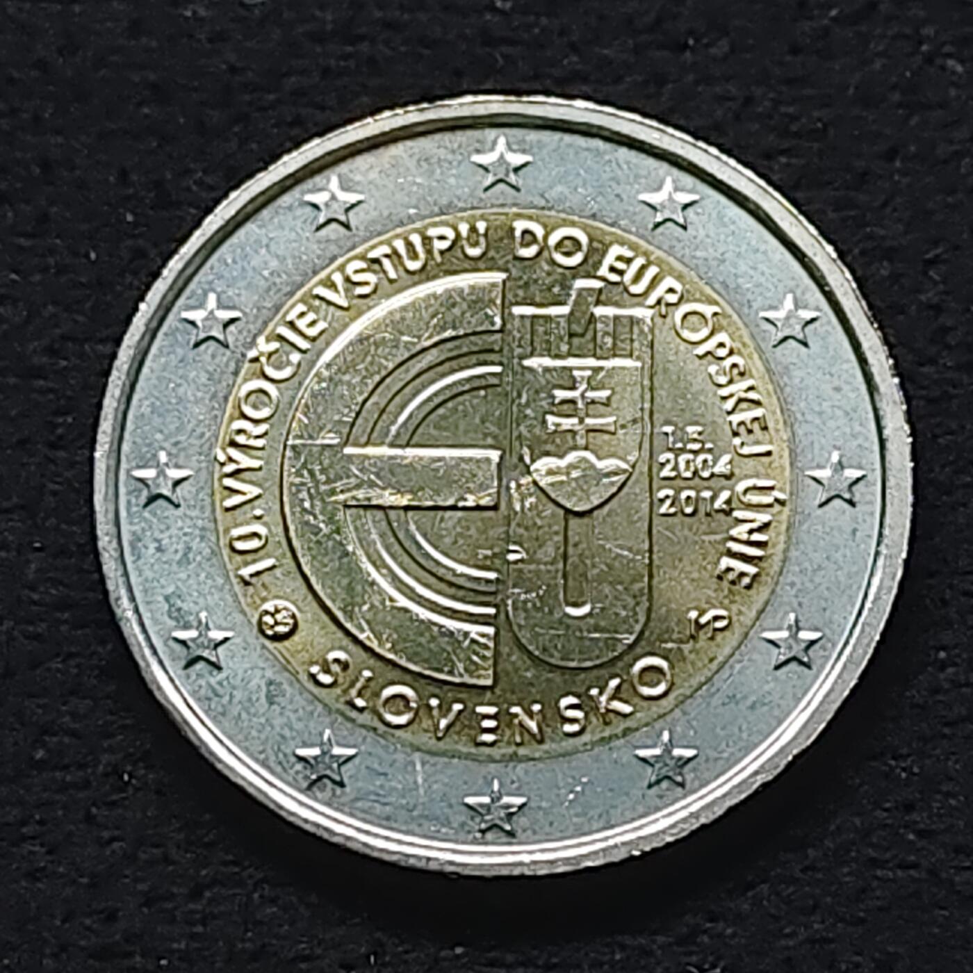 【全场包邮】纯粹捡漏拍490场（免费代拍第27场） 斯洛伐克2014年2欧元加入欧盟10周年双色纪念币