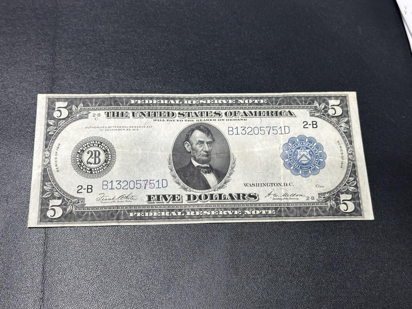 《外钞收藏家》第五百九十八期（2026年新年第一场）（本平台长期征集拍品、欢迎藏友们联系合作） 1913年美国5美元 大尺寸版 非全新 品相如图 尾751