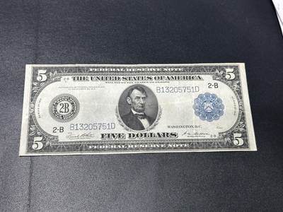 《外钞收藏家》第五百九十八期（2026年新年第一场）（本平台长期征集拍品、欢迎藏友们联系合作） - 1913年美国5美元 大尺寸版 非全新 品相如图 尾751