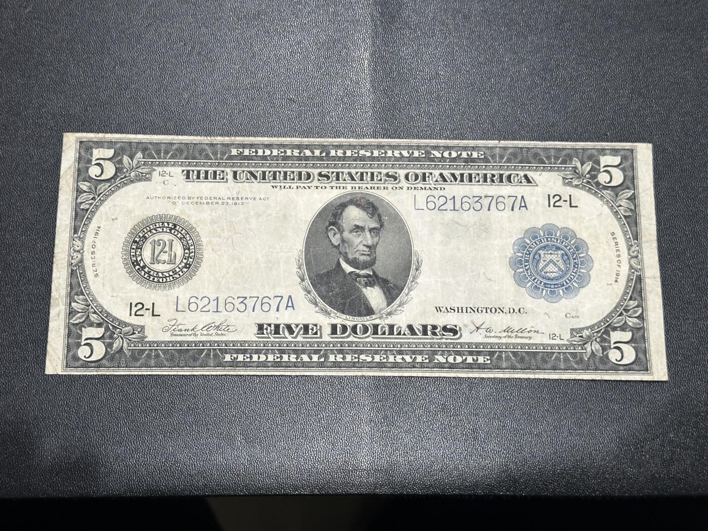 《外钞收藏家》第五百九十八期（2026年新年第一场）（本平台长期征集拍品、欢迎藏友们联系合作） 1913年美国5美元 大尺寸版 非全新 品相如图 尾767