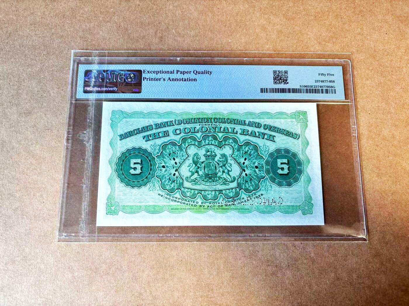【Blue Auction】世界纸币精拍第770期——18级TOP拍卖/信誉/品质/专业/高效💫 【唯一记录&唯一冠军分 克劳斯无定价 标了Rare 无47兑付后打孔实钞】英属格林纳达 1926年5元 BWC出品 巴克莱银行(BarclaysBank) 发行 存世量非常少 PMG55EPQ 原票 值得收藏 （注：巴克莱银行是位于汇丰银行和苏格兰皇家银行之后的英国第三大银行，历史可追溯到1690年，1926年发行该纸币流通于英属东加勒比地区，正面右上角加盖不同字母代表不同国家）