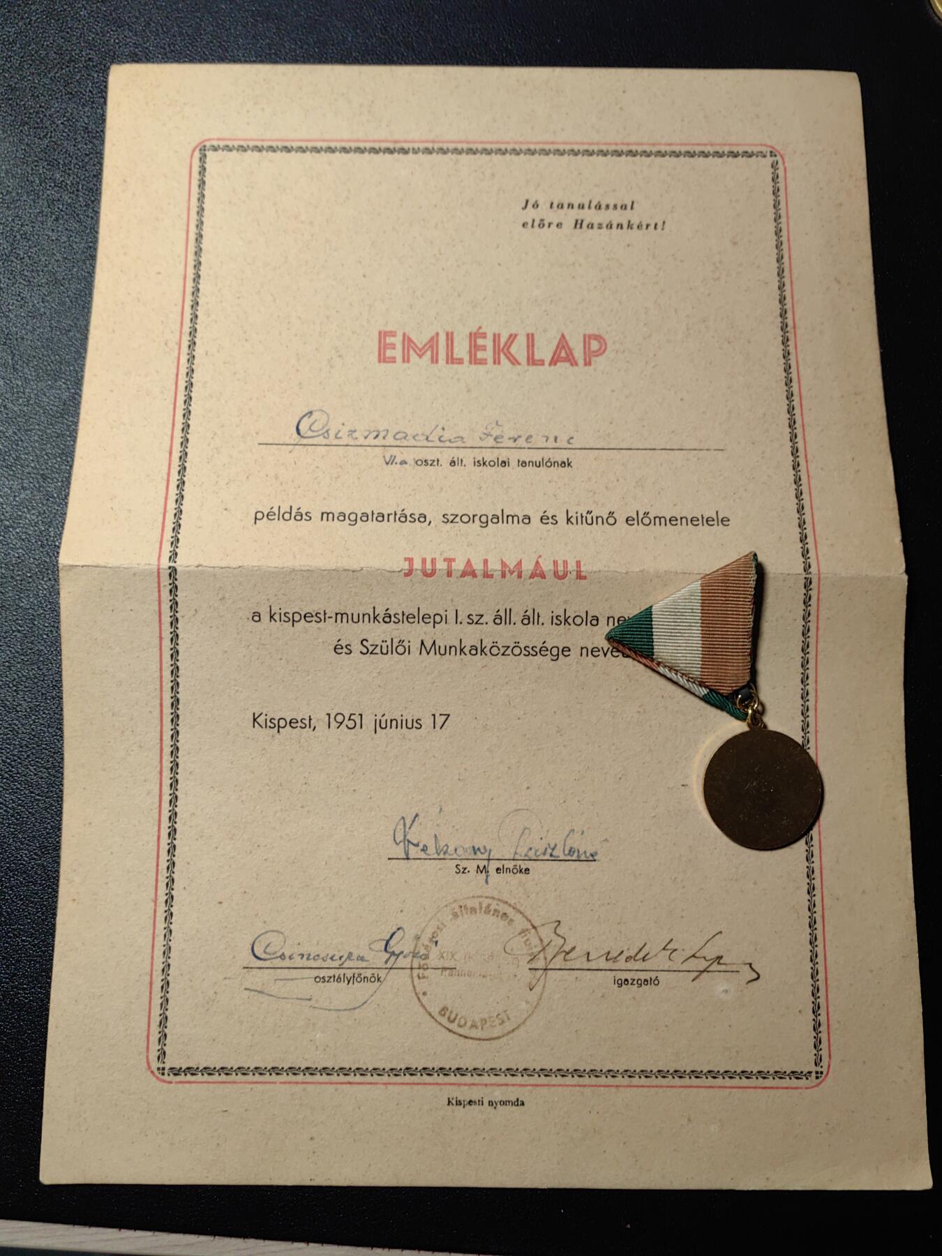 靖甫拍卖新拍第一场 匈牙利学霸奖章带证 50年代证书