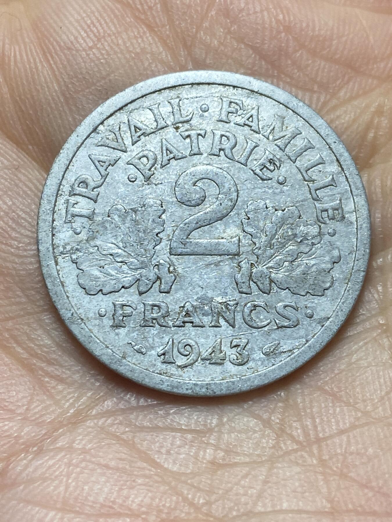 2026年第二场(总第一百七十一场）外国好品散币场(免佣金) 法国1943年2法郎(维希傀儡政府时期，首发年仅发行2年)