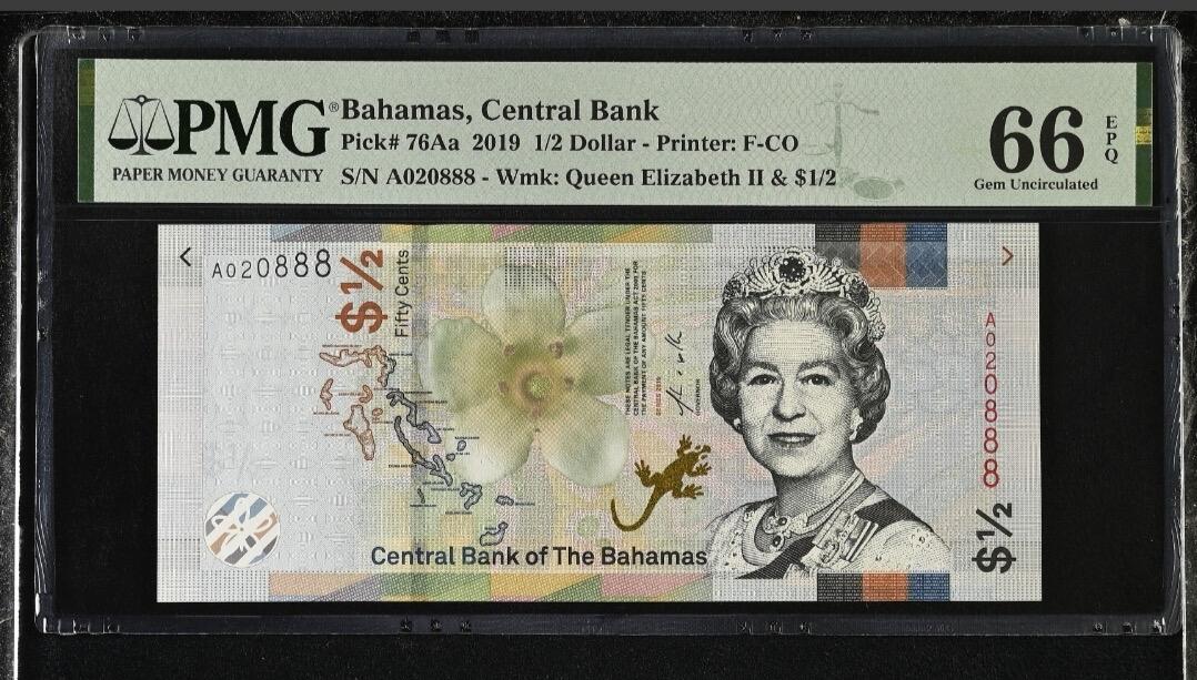 【礼羽收藏】🌏世界钱币拍卖第118期 【A020888】2019年巴哈马1/2面值纸币无47号码豹子号 PMG66