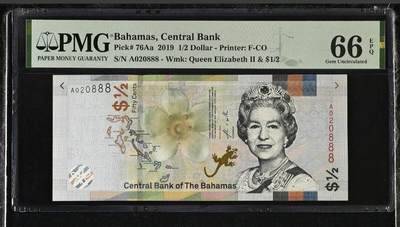 【礼羽收藏】🌏世界钱币拍卖第118期 - 【A020888】2019年巴哈马1/2面值纸币无47号码豹子号 PMG66