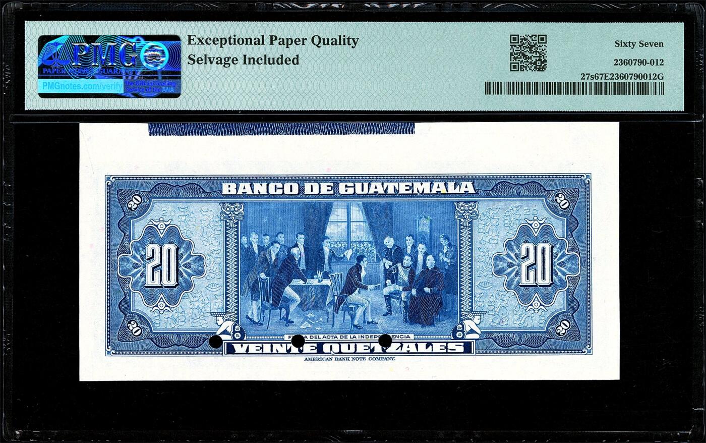 【Blue Auction】世界纸币精拍第770期——18级TOP拍卖/信誉/品质/专业/高效💫 【该图案初版  冠军分 带边铭少见 ABNC版雕刻精美 彩色防伪点】危地马拉 1948-54年20格查尔 PMG67EPQ 高分 正面人物为18世纪危地马拉的耶稣会神父、诗人和启蒙运动思想家拉斐尔·兰迪瓦尔 背面为《中美洲独立法案》的签署的大场景 底纹特色 升值品种