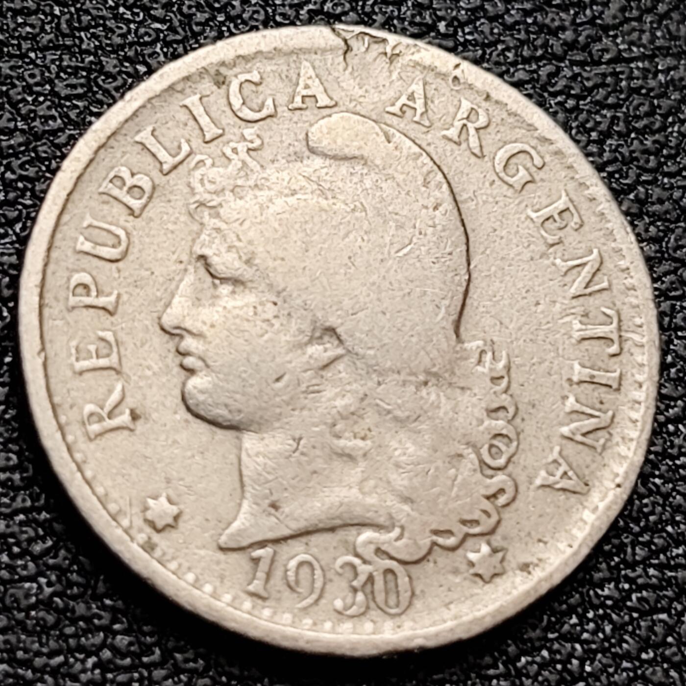 泉币菌-第157场-跨年欢乐场（特修改截拍时间为23:30分） 1930年 阿根廷5分硬幤 17.3mm 女神