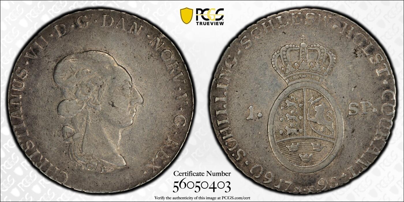 万国钱币拍卖第058期（万国新年大拍） PCGS XF45 1795年丹麦石勒苏益格-荷尔斯泰因州克里斯蒂安七世60先令大银 阿尔托纳造币厂铸 早期北欧雕刻师名作 微笑的国王 原味状态 Richard August名家旧藏