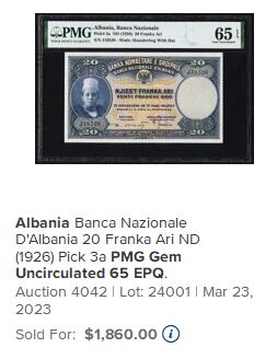 【Blue Auction】世界纸币精拍第770期——18级TOP拍卖/信誉/品质/专业/高效💫 【仅1张更高分 唯一亚军高分实钞罕见 第一套纸币p3a 无47】阿尔巴尼亚 1926年20franka Ari PMG66EPQ 小国王 人像雕刻精美 背面大场景风景让人心醉 该套短暂流通 值得收藏