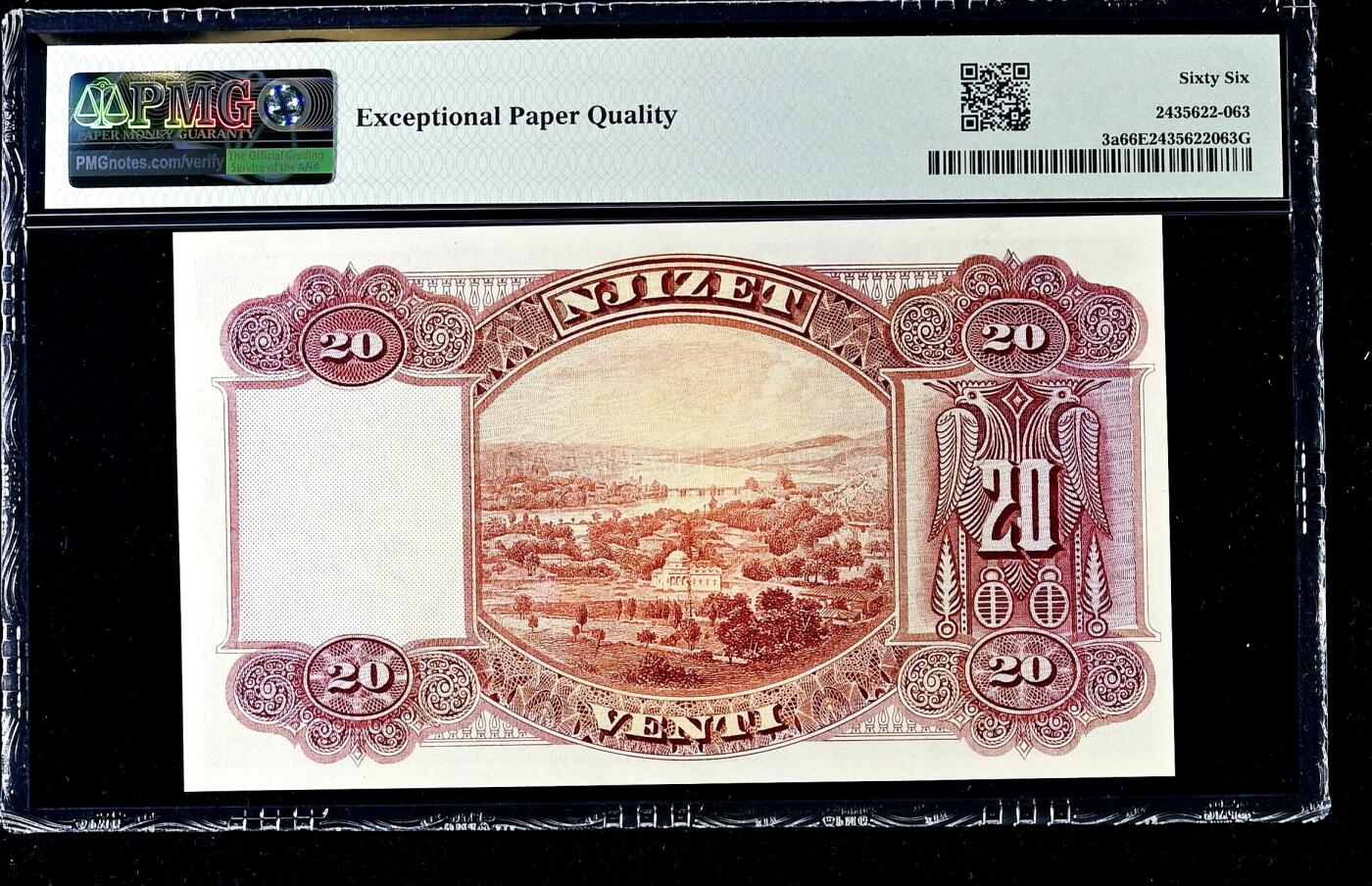 【Blue Auction】世界纸币精拍第770期——18级TOP拍卖/信誉/品质/专业/高效💫 【仅1张更高分 唯一亚军高分实钞罕见 第一套纸币p3a 无47】阿尔巴尼亚 1926年20franka Ari PMG66EPQ 小国王 人像雕刻精美 背面大场景风景让人心醉 该套短暂流通 值得收藏