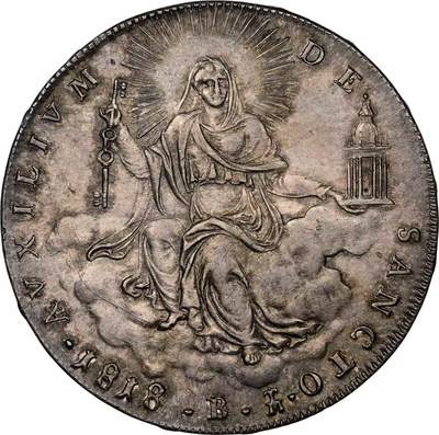 万国钱币拍卖第058期（万国新年大拍） - NGC MS65+ 1818年梵蒂冈教皇国皮乌斯七世斯库多大银 博洛尼亚造币厂铸 极其难得的GEM级早期教皇国大银 圣母玛利亚端坐云中 手持缩小版的圣彼得宗座圣殿与打开圣门的钥匙  丝绸转光底板原味欧陆五彩 一步到位的入库级藏品 NGC唯一亚军分 更高分仅一枚