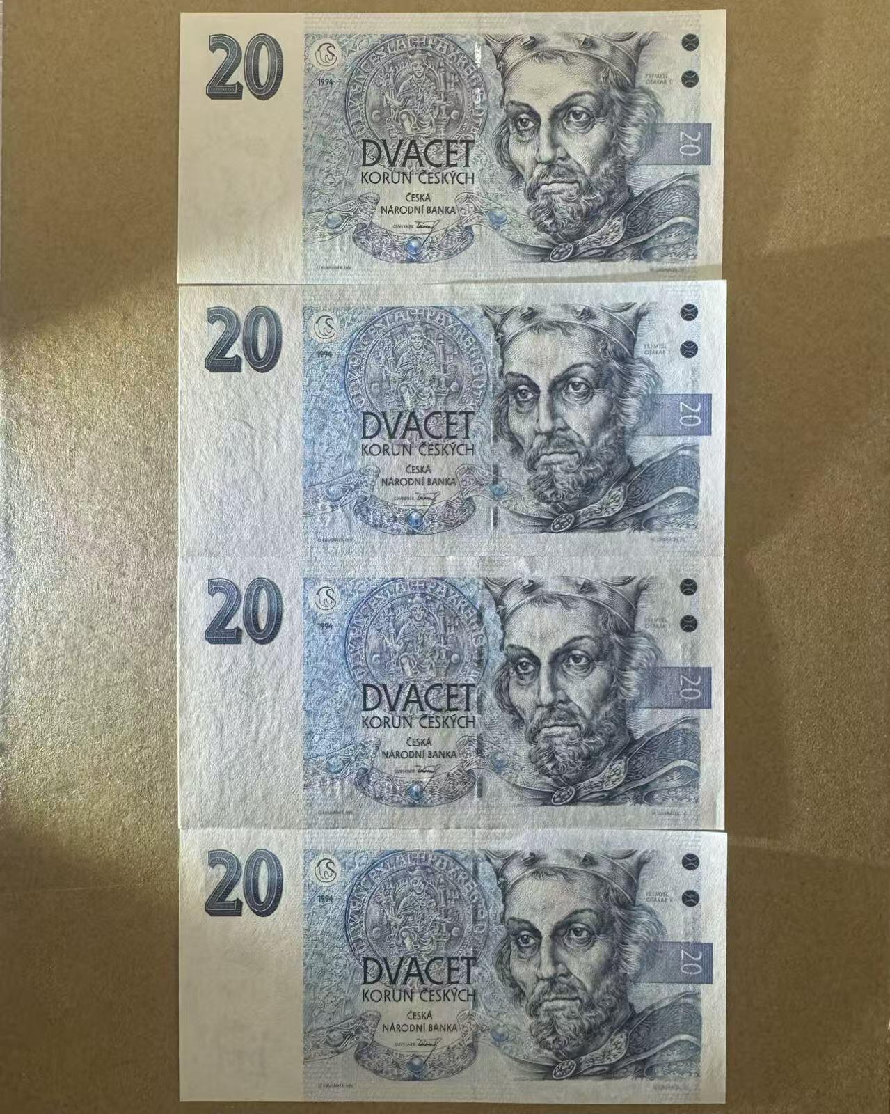【Blue Auction】世界纸币精拍第770期——18级TOP拍卖/信誉/品质/专业/高效💫 【一组4张A冠】捷克 1994年20克朗 全新UNC