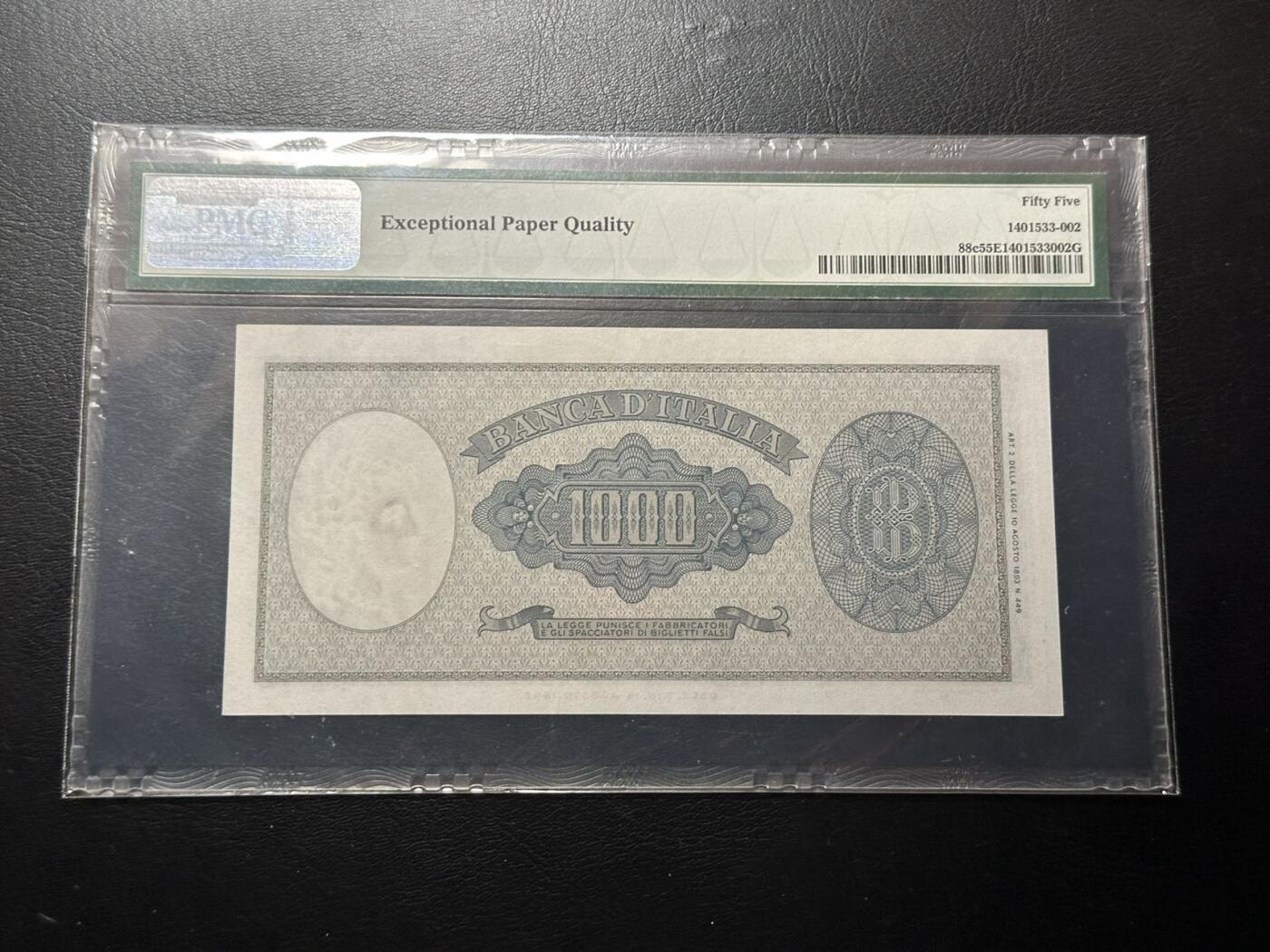 九十九场（喜迎元旦） 意大利1959年1000里拉，pmg55EPQ！丰收女神，水印精美！带E难得！