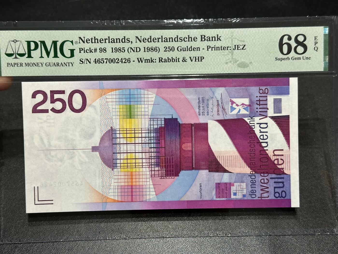 《外钞收藏家》第五百九十八期（2026年新年第一场）（本平台长期征集拍品、欢迎藏友们联系合作） 1985年荷兰250盾 灯塔  PMG68高分