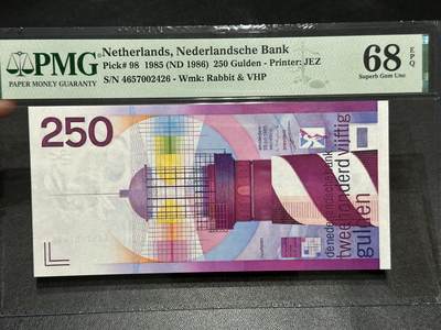 《外钞收藏家》第五百九十八期（2026年新年第一场）（本平台长期征集拍品、欢迎藏友们联系合作） - 1985年荷兰250盾 灯塔  PMG68高分