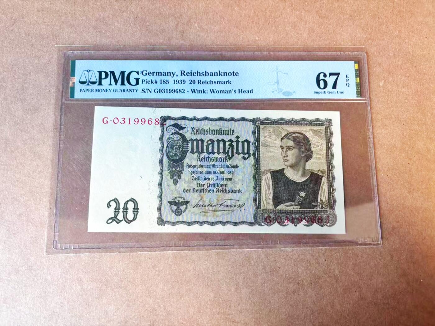 【Blue Auction】世界纸币精拍第770期——18级TOP拍卖/信誉/品质/专业/高效💫 【无47】德国 1939年20马克 PMG67EPQ  