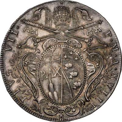 万国钱币拍卖第058期（万国新年大拍） NGC MS65+ 1818年梵蒂冈教皇国皮乌斯七世斯库多大银 博洛尼亚造币厂铸 极其难得的GEM级早期教皇国大银 圣母玛利亚端坐云中 手持缩小版的圣彼得宗座圣殿与打开圣门的钥匙  丝绸转光底板原味欧陆五彩 一步到位的入库级藏品 NGC唯一亚军分 更高分仅一枚