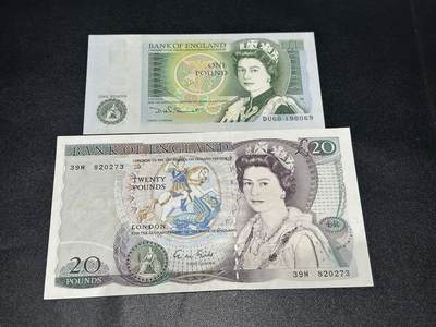 《外钞收藏家》第五百九十八期（2026年新年第一场）（本平台长期征集拍品、欢迎藏友们联系合作） - 英国D序列1镑全新倒置号+20镑AU 2张一起