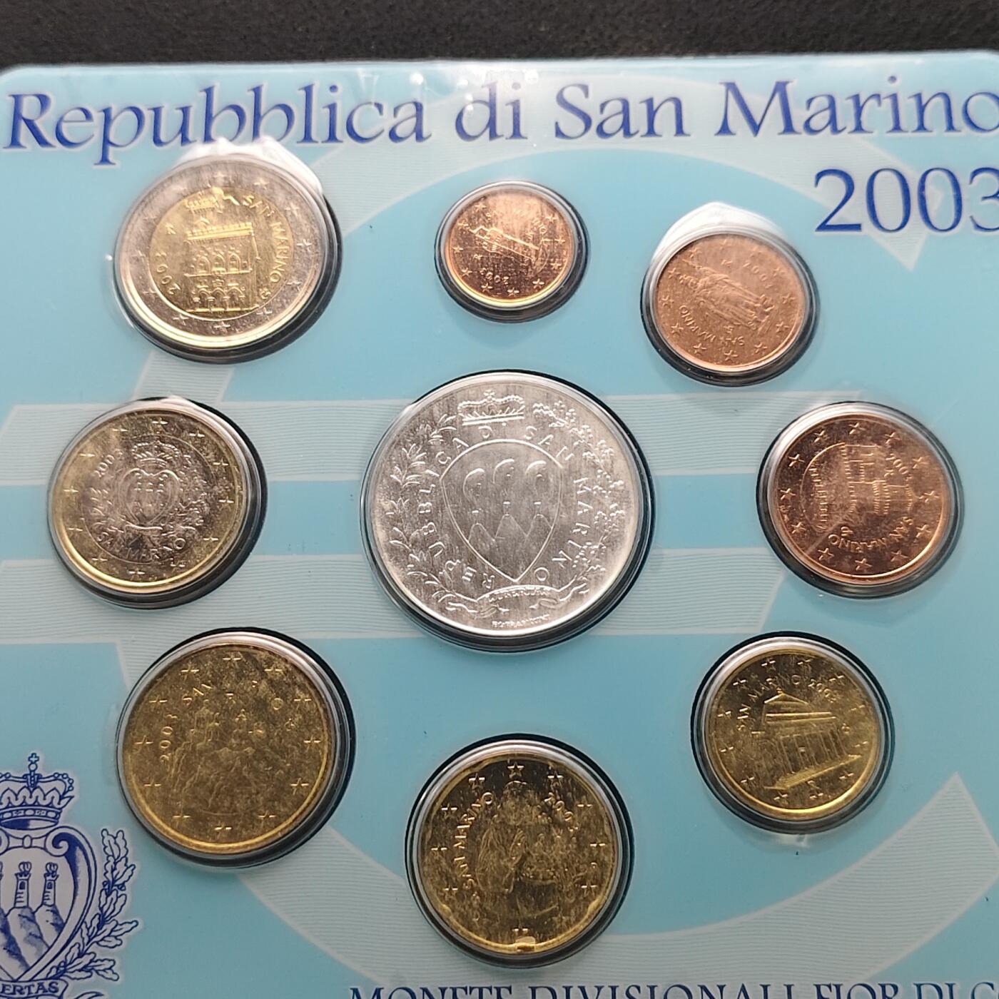 【全场包邮】纯粹捡漏拍491场（免费代拍第28场） 圣马力诺2003年官方封装套币-含5欧元独立宽容自由（32毫米18克）纪念银币