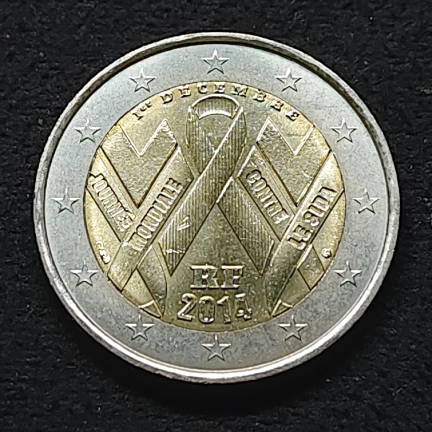 【全场包邮】纯粹捡漏拍490场（免费代拍第27场） 法国2014年2欧元世界艾滋病日双色纪念币