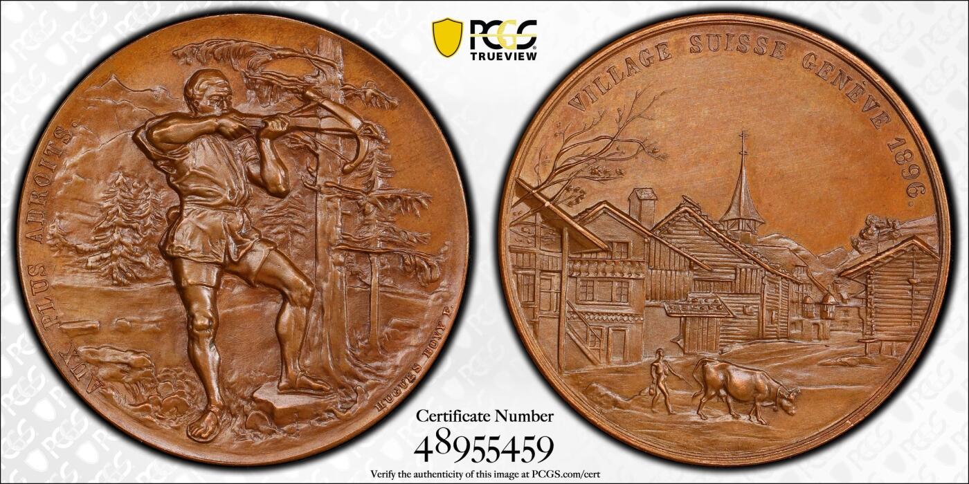 万国钱币拍卖第058期（万国新年大拍） PCGS SP66 1896年瑞士日内瓦射击节暨国家博览会瑞士村纪念铜章 正面:持弓弩的男子向右瞄准，背景为葱郁森林和绵延山脉。背面:农夫和耕牛往右走去，背景为村庄的街景。小树发新芽，预示着春天归来。冠军分官网封面章，高浮雕顶级状态。迷人的红棕色光泽，实物非常漂亮。极罕见瑞射形制，自藏佳品。
