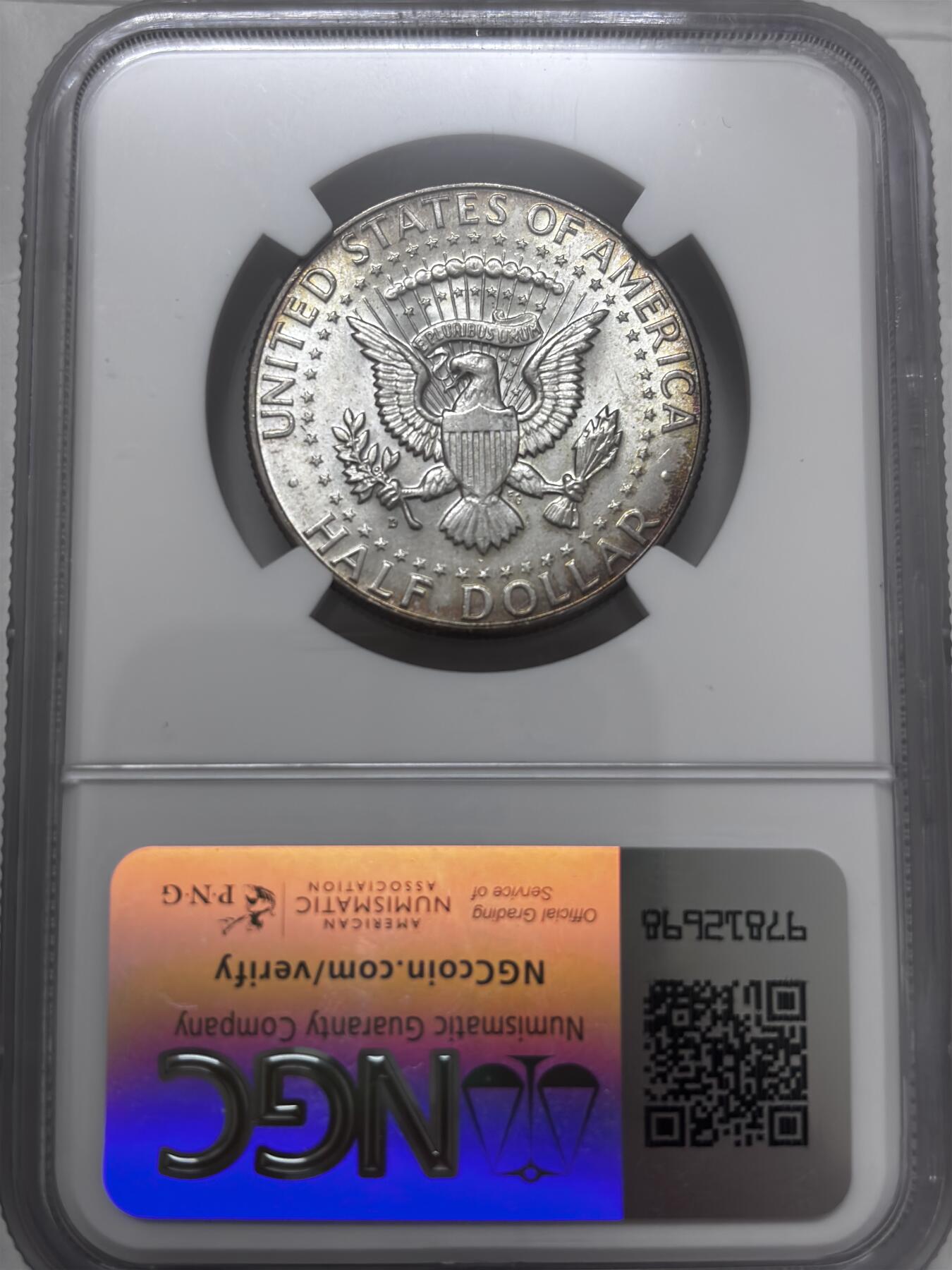 文馨钱币收藏 迎新纳福2026新年第一场（第 287 场）金银老铜币拍卖 NGC 评级 MS64 分美国 1964 年肯尼迪半美元银币，高银版，金光五彩斑斓，双面金黄边，视觉拉满