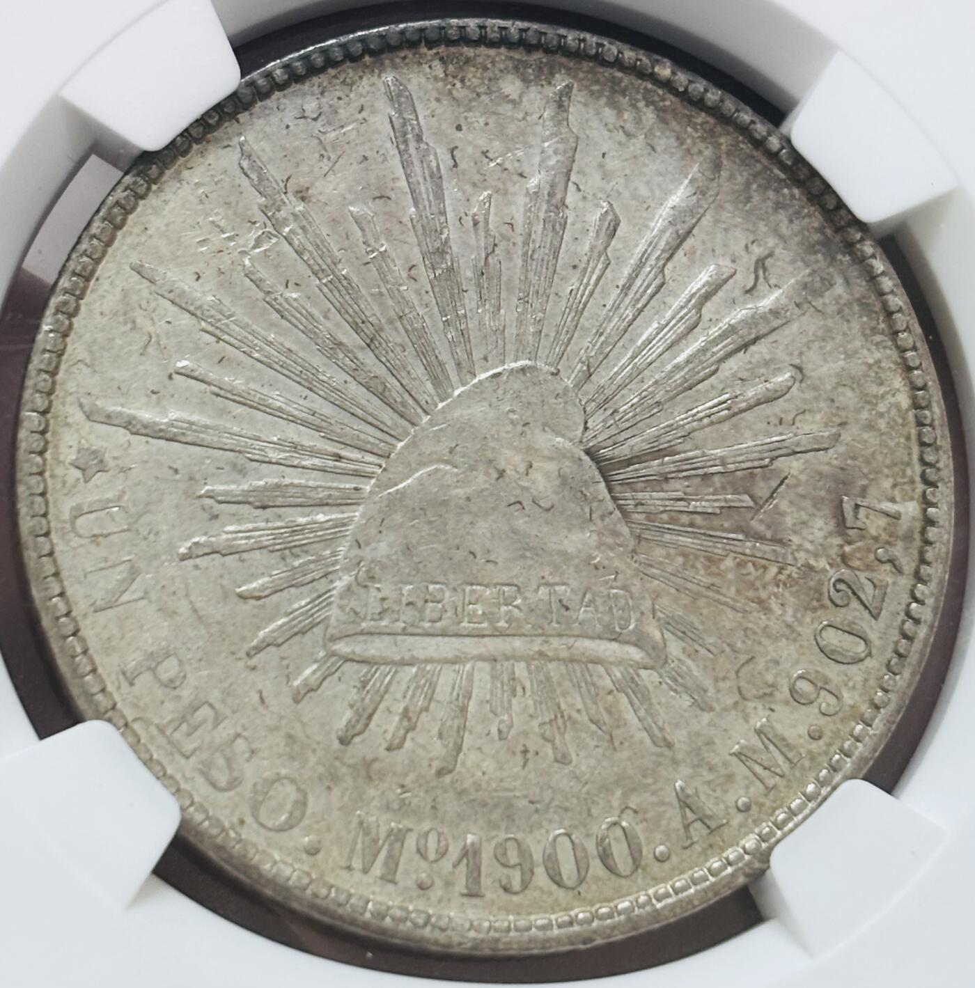 文馨钱币收藏 迎新纳福2026新年第一场（第 287 场）金银老铜币拍卖 NGC 评级 AU53 分 1900 年墨西哥鹰洋银元，五彩环底老包浆，历史感满满