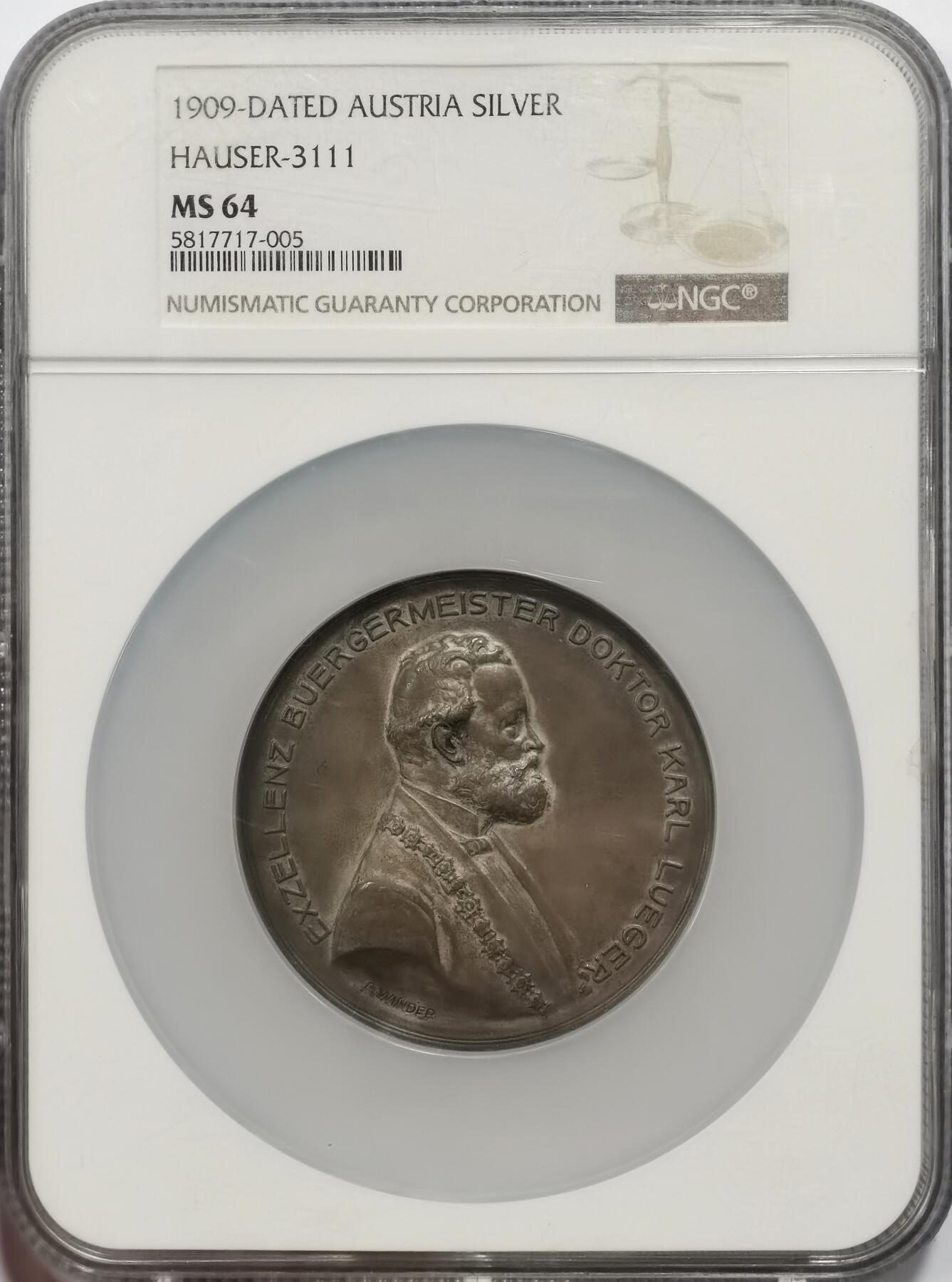 博洋堂“岁启嘉年”2026新年精品大拍专场暨第155期（全场包邮） NGC MS64 维也纳1909年市长纪念超大银章，唯一冠军分，62mm加大加厚盒子！超高浮雕！背面如诗歌般构筑了鲜花遍地的维也纳城市街道中，母亲带着女儿在幸福地徜徉。