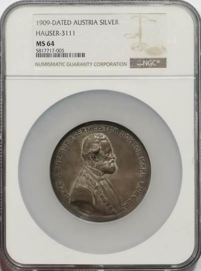 博洋堂“岁启嘉年”2026新年精品大拍专场暨第155期（全场包邮） - NGC MS64 维也纳1909年市长纪念超大银章，唯一冠军分，62mm加大加厚盒子！超高浮雕！背面如诗歌般构筑了鲜花遍地的维也纳城市街道中，母亲带着女儿在幸福地徜徉。