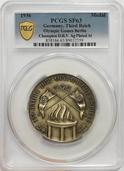 博洋堂“岁启嘉年”2026新年精品大拍专场暨第155期（全场包邮） - PCGS SP63 德国1936年奥运冠军纪念大型镀银大章。56mm大尺寸稀有高分！