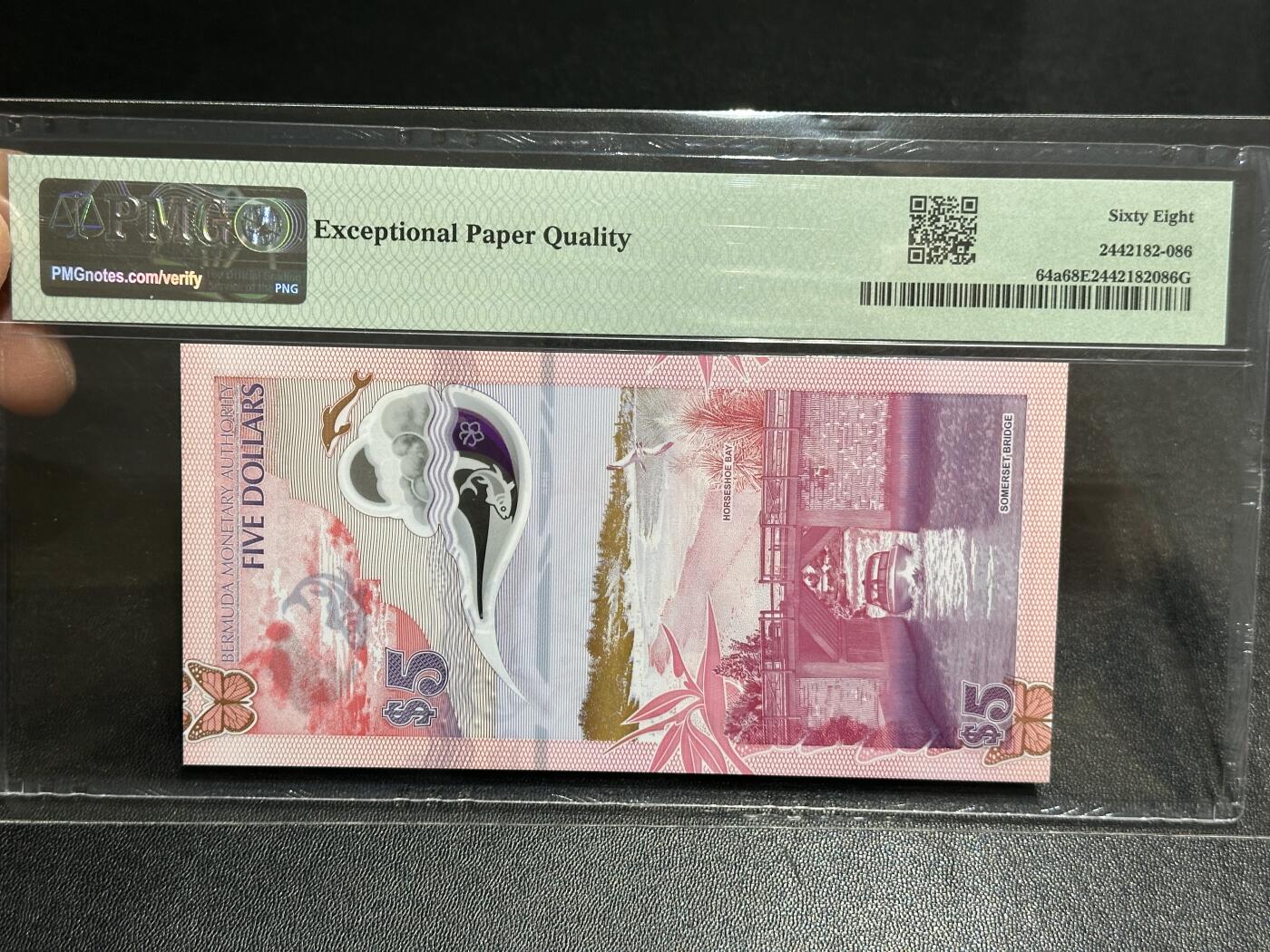 《外钞收藏家》第五百九十八期（2026年新年第一场）（本平台长期征集拍品、欢迎藏友们联系合作） 2024年百慕大最新版5元 A/1冠 获奖钞 PMG68 无47靓号