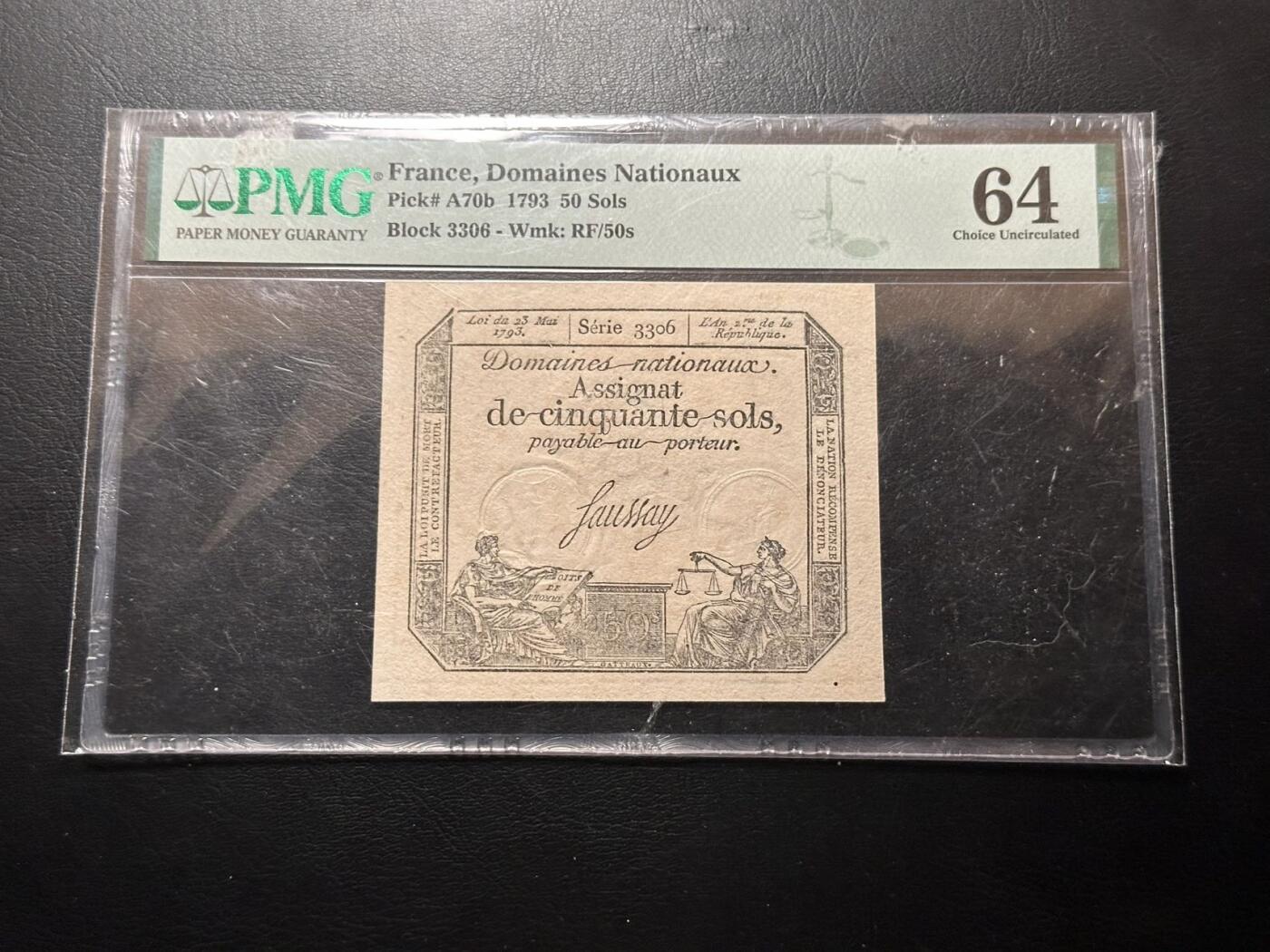 九十九场（喜迎元旦） 法国1793年50sols，200多年前的纸币！ pmg64，多数低分，unc很少见！甚至200年前的纸币都有水印！