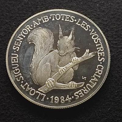 【全场包邮】纯粹捡漏拍491场（免费代拍第28场） - 【少见】安道尔1984年20第纳尔野生动物系列红松鼠（35毫米16克）精制纪念银币-量5000