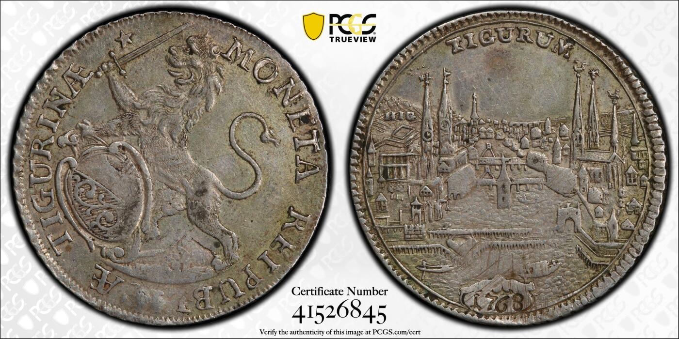 万国钱币拍卖第058期（万国新年大拍） PCGS AU53 1768年瑞士联邦苏黎世城市景观1/2泰勒 瑞士景观泰勒名品之一 苏黎世城市象征雄狮持剑威武 原味好状态