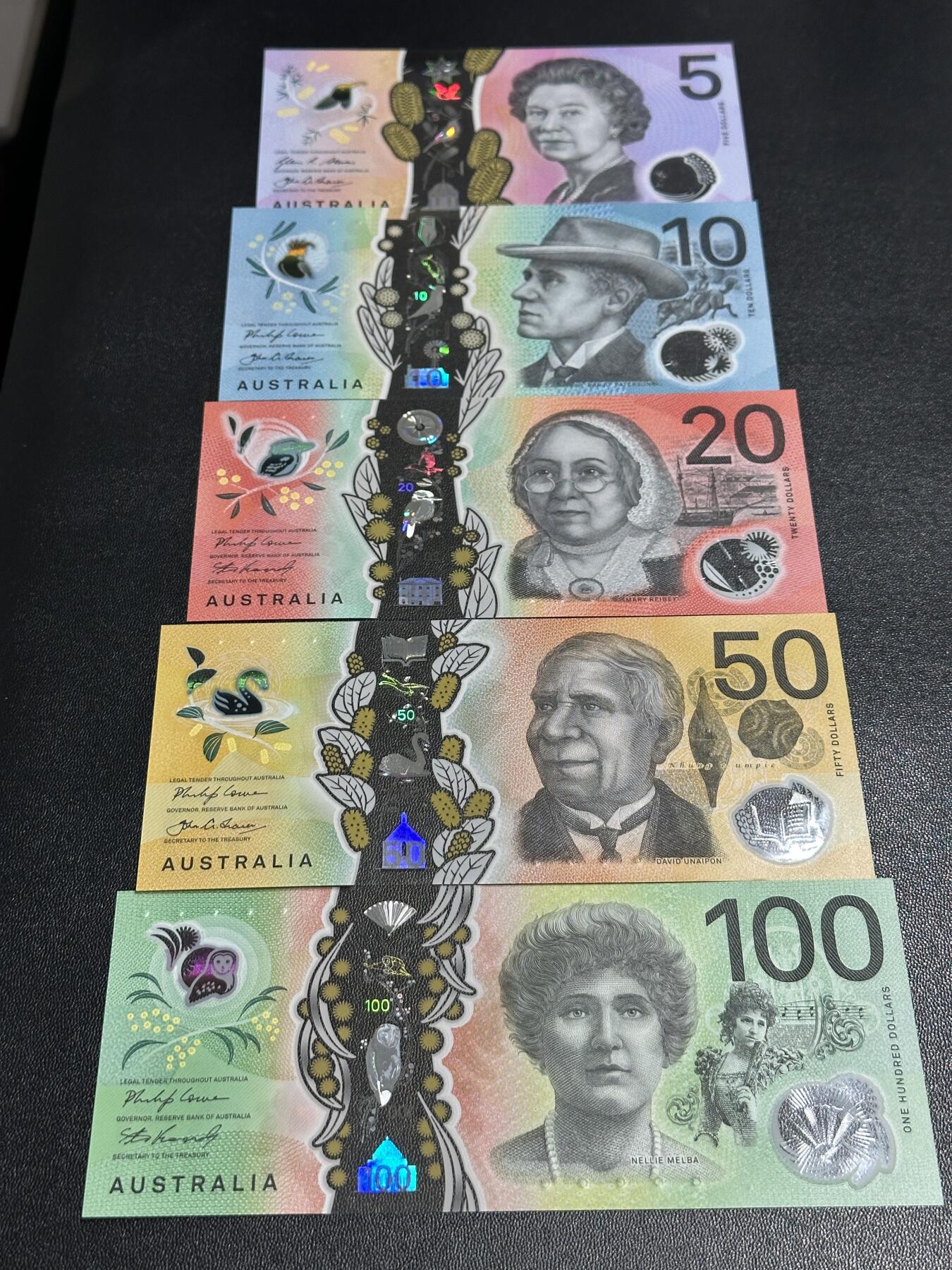 《外钞收藏家》第五百九十八期（2026年新年第一场）（本平台长期征集拍品、欢迎藏友们联系合作） 澳大利亚5-100元 五张一起 全新UNC