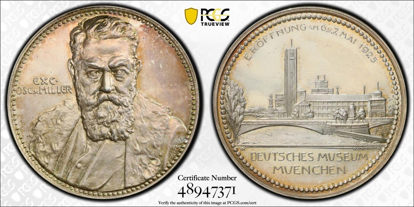 万国钱币拍卖第058期（万国新年大拍） PCGS SP64 1925年德国慕尼黑德意志博物馆开幕纪念银章 唯一冠军分 精制强镜面 正面:奥斯卡·冯·米勒半身像，博物馆创始人。背面:德意志博物馆建筑景观。德意志博物馆是世界上最大的科技博物馆，位于德国慕尼黑，有50个科学技术领域的大约28,000件展品，每年有大约130万访问者。该博物馆开放于1903年6月28日，米勒召集了德国工程师学会会议。爱因斯坦是米勒的好友。