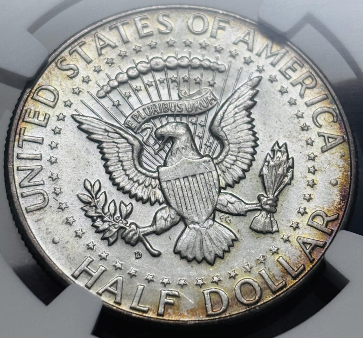 文馨钱币收藏 迎新纳福2026新年第一场（第 287 场）金银老铜币拍卖 NGC 评级 MS64 分美国 1964 年肯尼迪半美元银币，高银版，金光五彩斑斓，双面金黄边，视觉拉满