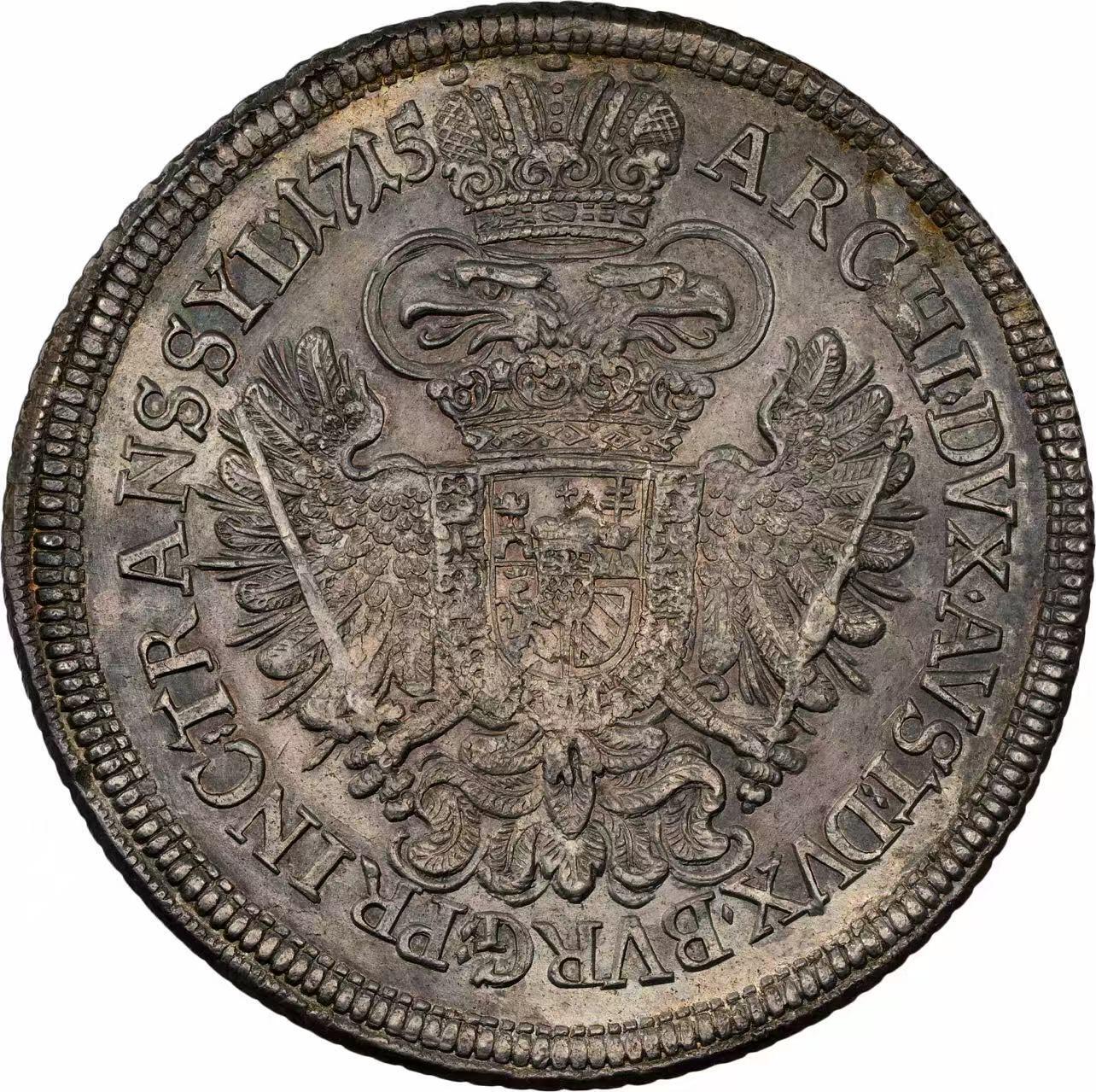 万国钱币拍卖第058期（万国新年大拍） NGC MS62 1715/12年神圣罗马帝国匈牙利卡尔六世双头鹰大泰勒 罕见骑字年份 NGC唯一评论记录冠军分 特兰西瓦尼亚造币厂铸 极为罕见的珍惜神罗泰勒品种 卡尔六世半身像设计仅使用2年 充满光泽的欧陆油彩包浆在币面闪闪发光 双面深打细节完整保留 十几年前HA非骑字年份63分的成交价就超过6000美金 错过难寻的顶级收藏品质