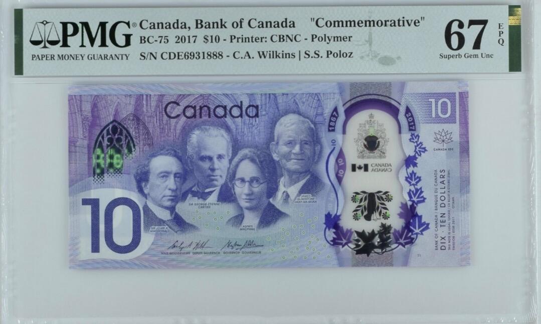 【礼羽收藏】🌏世界钱币拍卖第118期 【CDE6931888】2017年加拿大10面值塑料纪念钞 无47号码PMG67