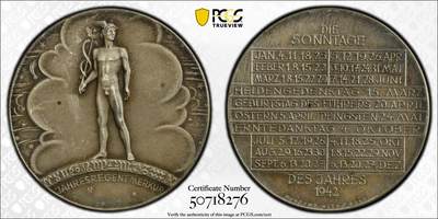 万国钱币拍卖第058期（万国新年大拍） - PCGS SP63 1942年德国（含奥地利）维也纳民族社会主义工人党帝国星座日历大银章 帝国经典名品 精铸磨砂MATTE质感 PC唯二冠军分 40MM 
