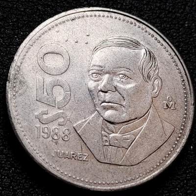 泉币菌-第158场-元旦欢乐场，开年第一场，新年快乐！（特修改截拍时间为23:30分） - 墨西哥1988关门年50比索铜镍币 华雷斯总统 23.5mm 