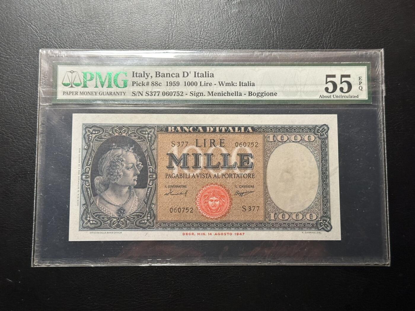 九十九场（喜迎元旦） 意大利1959年1000里拉，pmg55EPQ！丰收女神，水印精美！带E难得！