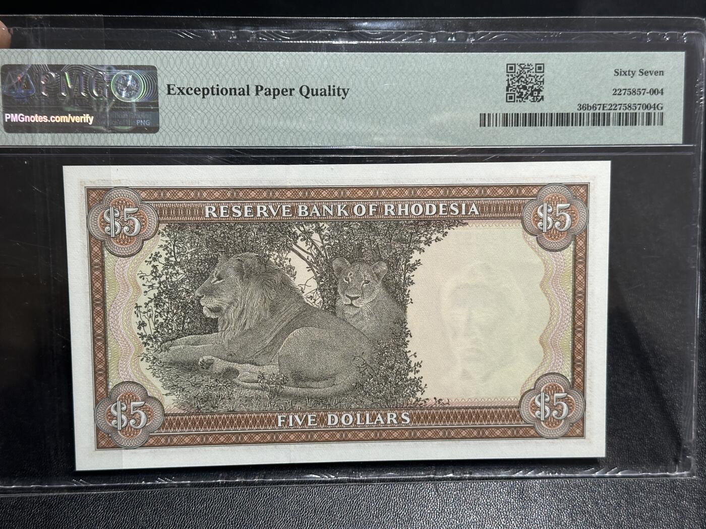 《外钞收藏家》第五百九十八期（2026年新年第一场）（本平台长期征集拍品、欢迎藏友们联系合作） 1978年罗得西亚5元 PMG67