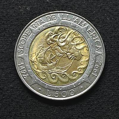 【全场包邮】纯粹捡漏拍490场（免费代拍第27场） - 圣马力诺1992年500里拉发现美洲500周年双色纪念币