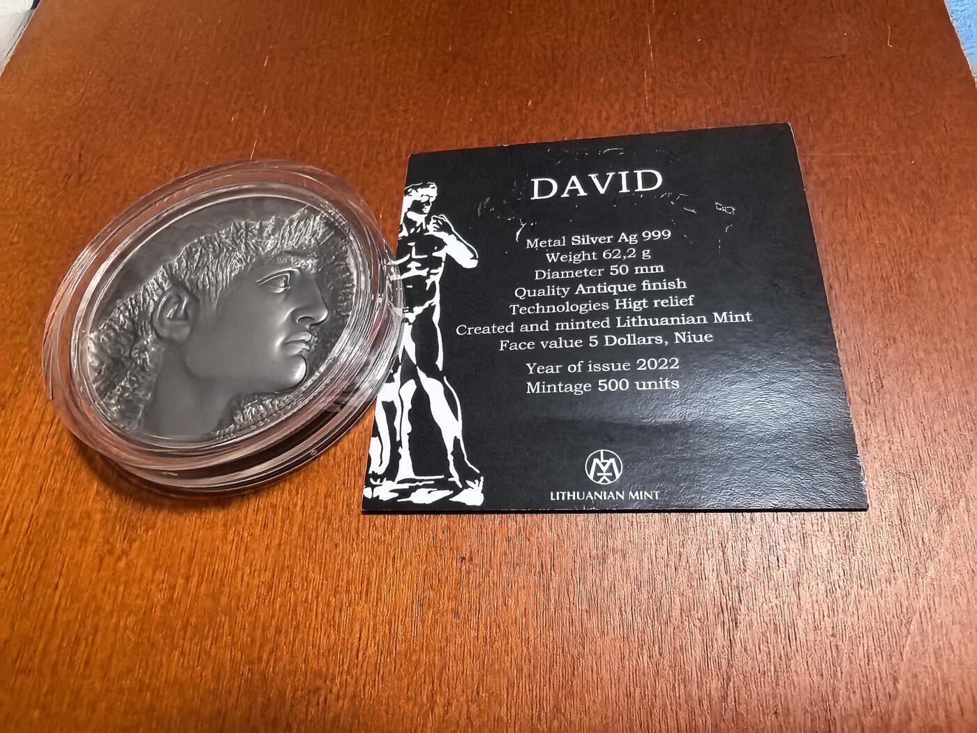 长老汇蛇年精选第九十场拍卖 2022纽埃大卫5元仿古高浮雕银币，2盎司999银，盒证全，500枚，立陶宛造币厂