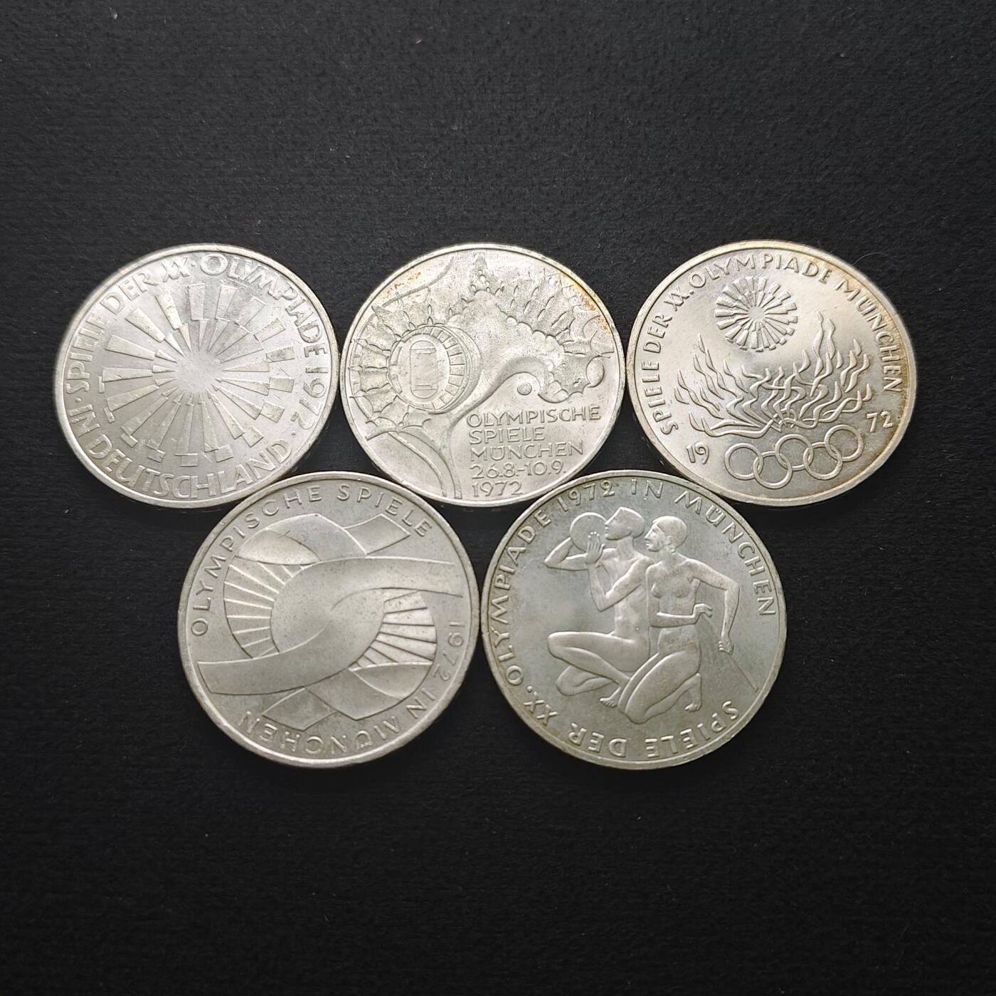 【全场包邮】纯粹捡漏拍491场（免费代拍第28场） 德国联邦德国1972年10马克慕尼黑奥运会（32.5毫米15.5克）纪念银币5枚全套（共计77.5克）