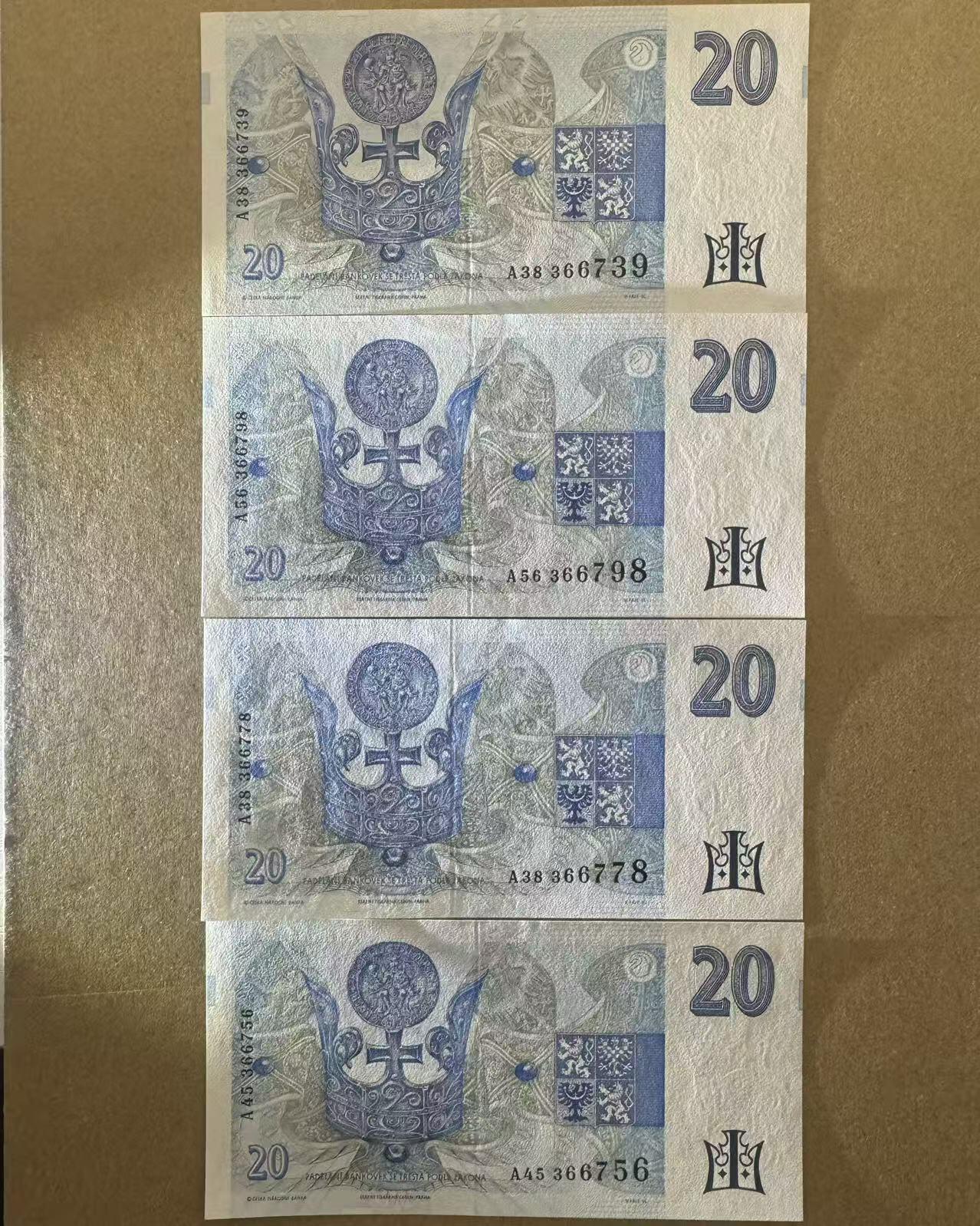 【Blue Auction】世界纸币精拍第770期——18级TOP拍卖/信誉/品质/专业/高效💫 【一组4张A冠】捷克 1994年20克朗 全新UNC