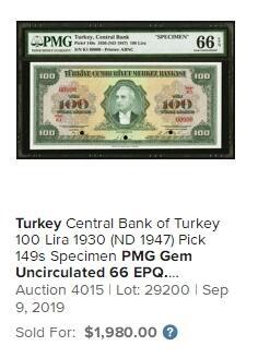 【Blue Auction】世界纸币精拍第770期——18级TOP拍卖/信誉/品质/专业/高效💫 土耳其 1947年100里拉 最高值 PMG65EPQ 绝品样钞 ABNC出品 雕刻非常精美 高价值 正面系土耳其第二任总统穆斯塔法 背面雕刻精美大气的如梅利堡垒是全世界的军事建筑物中最美丽的杰作之一，又称之为欧洲堡垒，是苏丹麦合麦征服伊斯坦布尔时（1452年）仅用4个月建造的，如今为土耳其著名景点