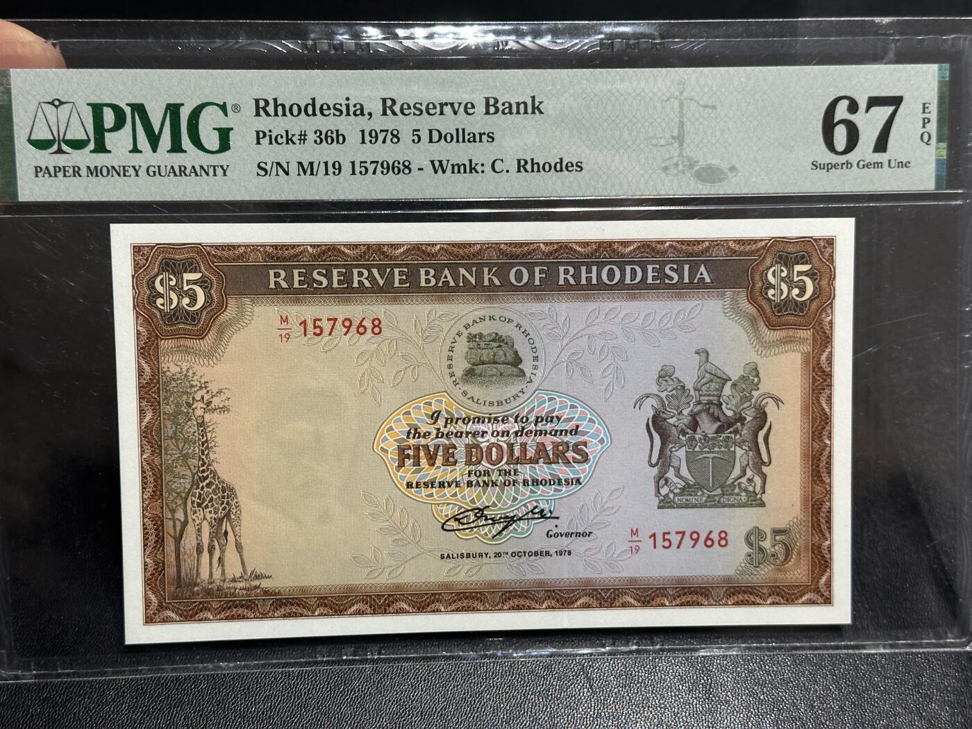 《外钞收藏家》第五百九十八期（2026年新年第一场）（本平台长期征集拍品、欢迎藏友们联系合作） 1978年罗得西亚5元 PMG67